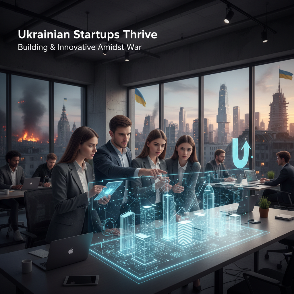 Ukrainian entrepreneurs collaborating on a holographic city projection in an office with a war-torn cityscape outside.