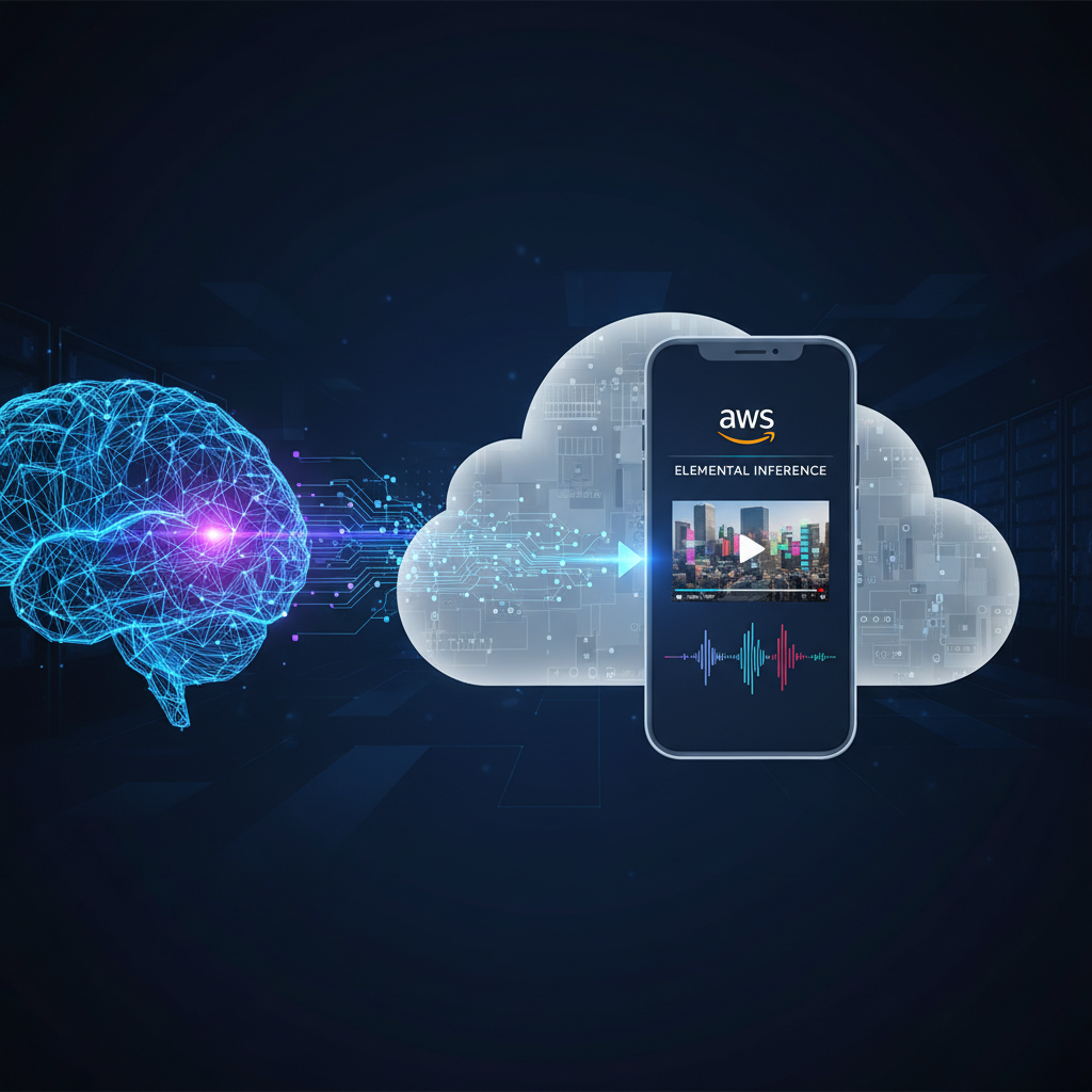A digital brain connecting to a cloud icon, which then connects to a smartphone playing a video, representing AI, cloud, and mobile video.
