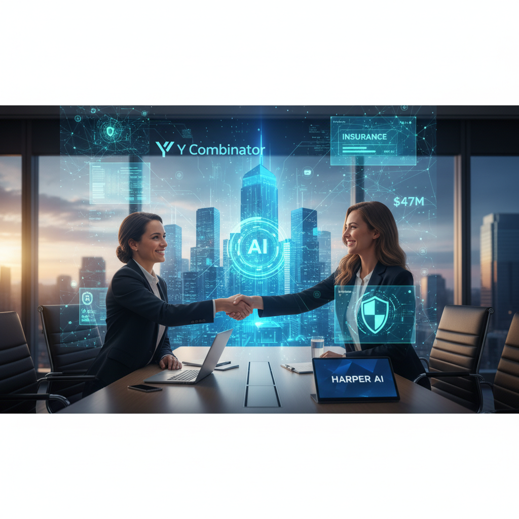 Two women in business attire shake hands across a conference table with a holographic city, AI, and financial data overlays.