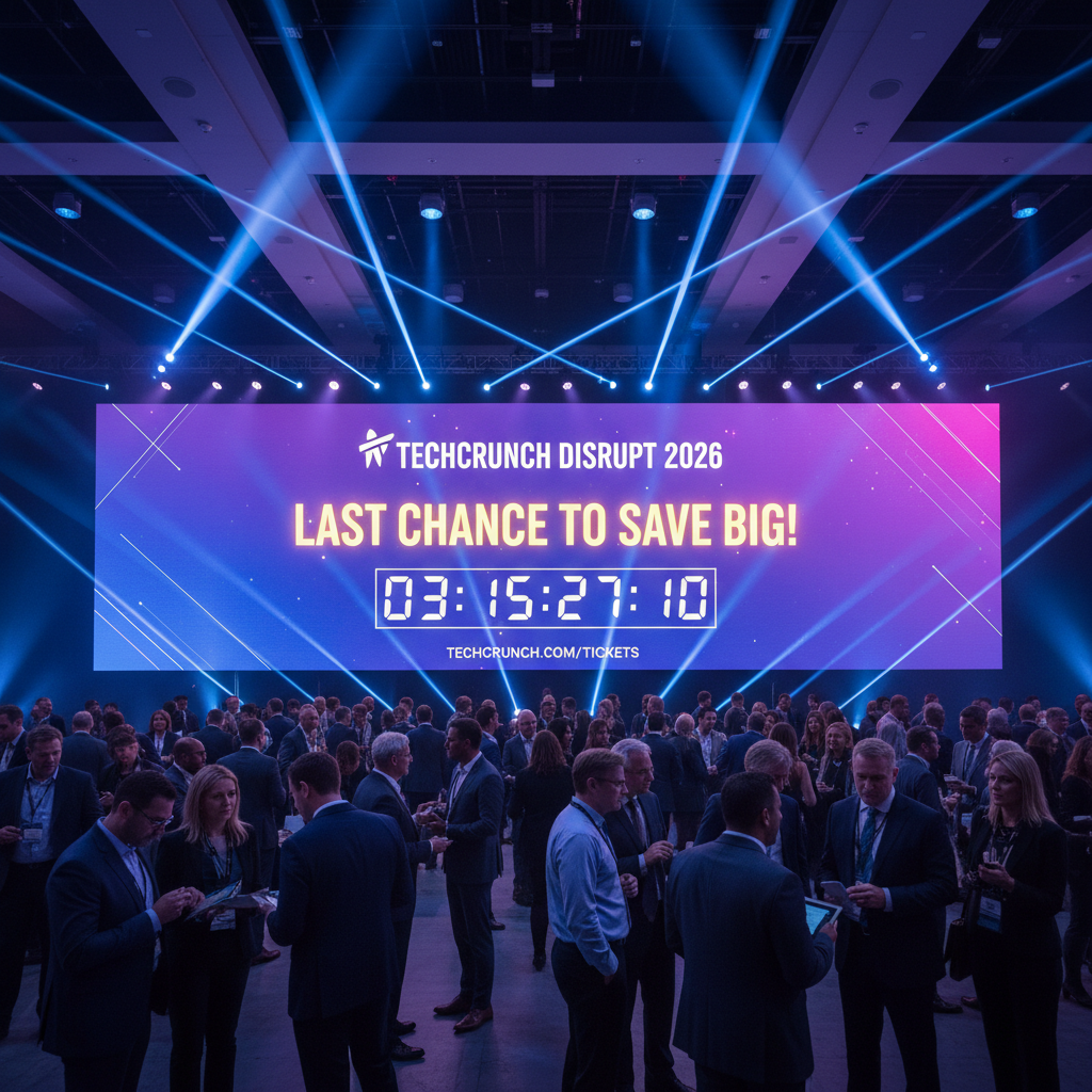 Large screen displaying "TechCrunch Disrupt 2026: Last Chance to Save Big!" with a countdown timer, above a networking event.
