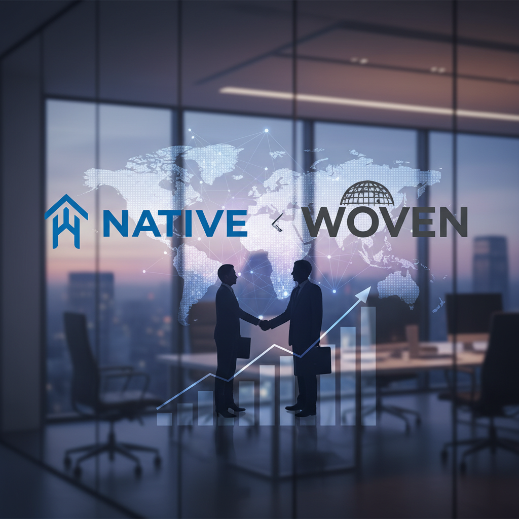 Two businessmen shaking hands in a modern office with company logos and a global map overlay.