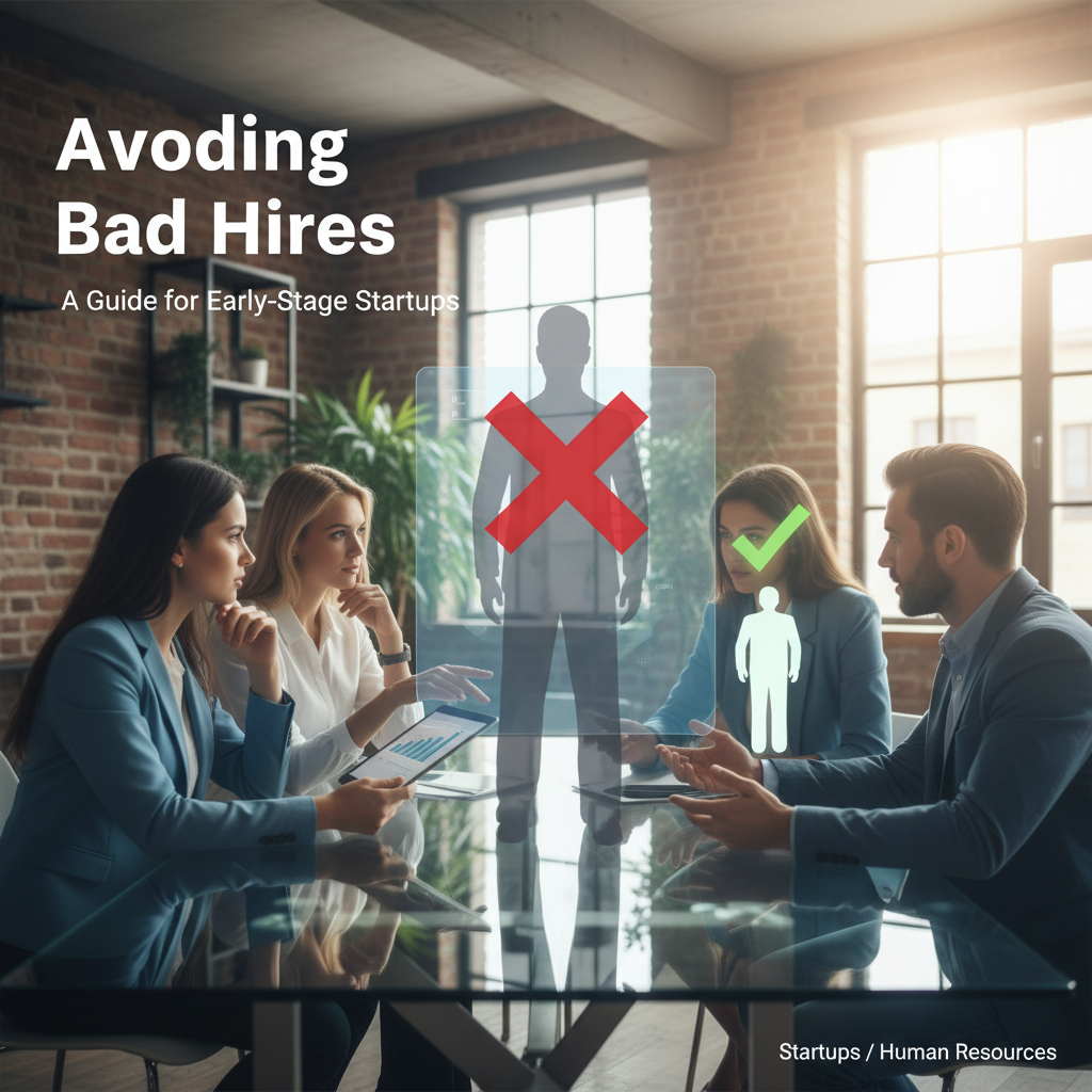 Four professionals in a meeting with holographic figures of a bad hire marked with an 'X' and a good hire with a checkmark.