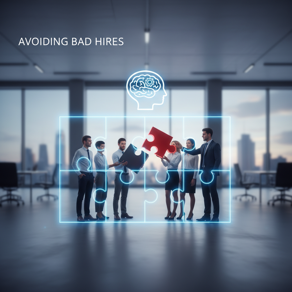 Professionals solving a puzzle, representing strategic hiring in a modern office with "Avoiding Bad Hires" text.