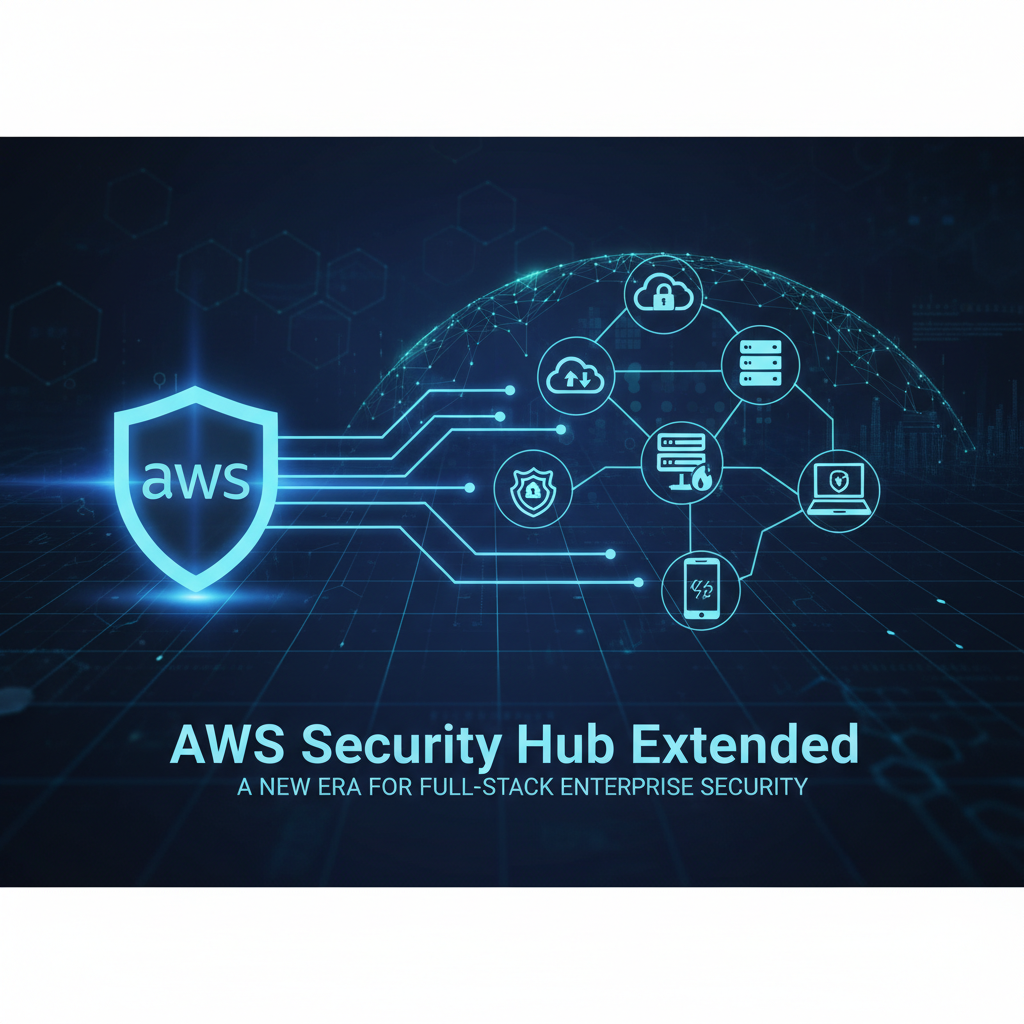 A digital illustration showing the AWS shield logo connected to various cloud security icons, representing comprehensive enterprise security.