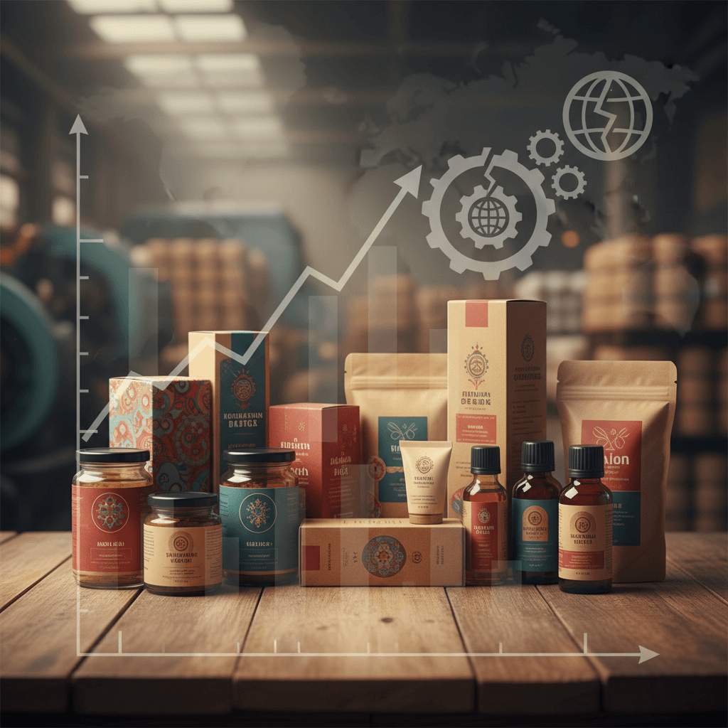 Various branded product packages and bottles on a wooden table, with a translucent world map and rising graph overlay.