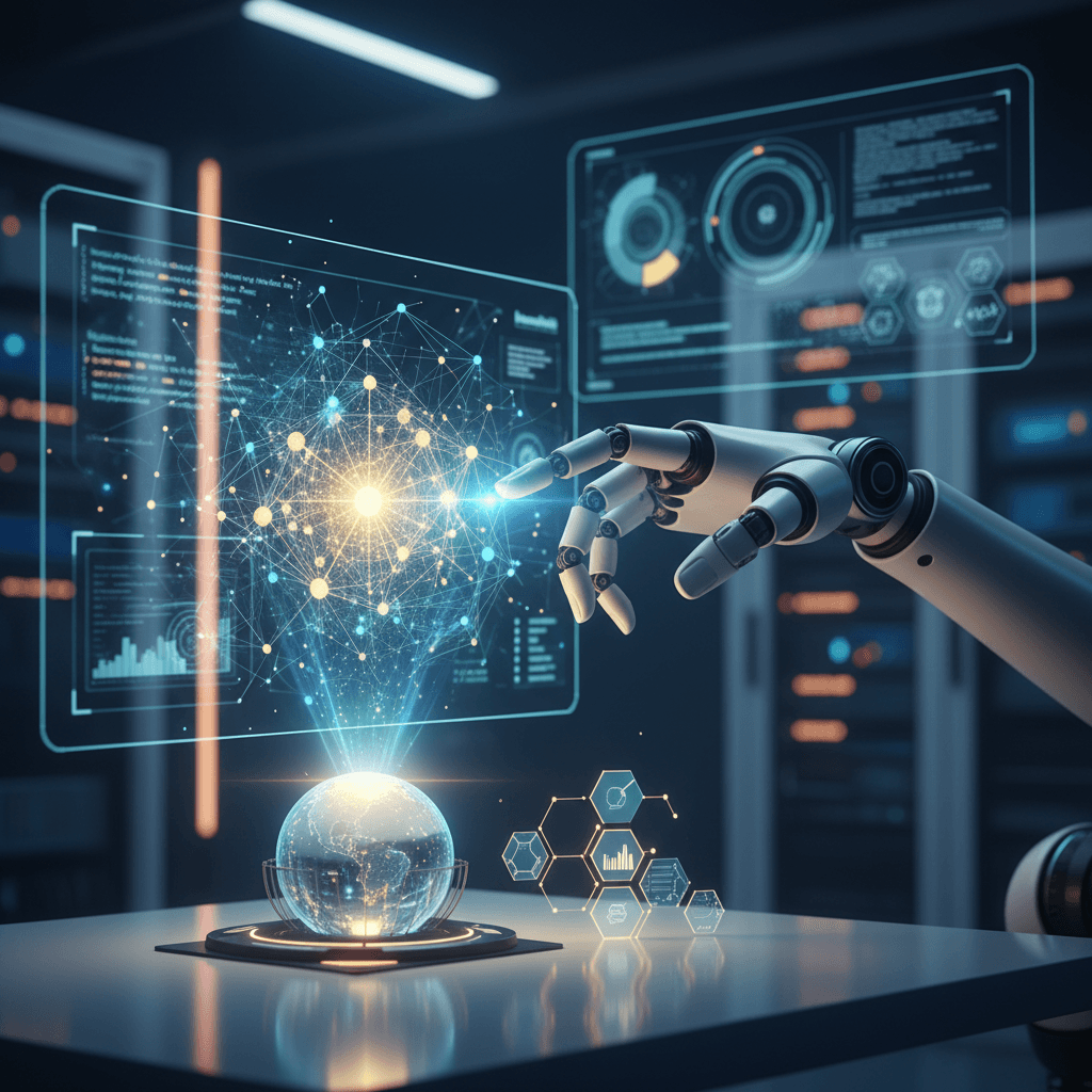 A robotic hand touches a glowing holographic interface displaying interconnected data points and a digital globe, symbolizing AI and global collaboration.