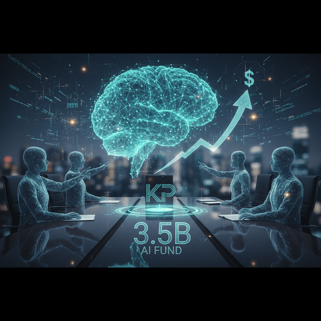 A conceptual image showing a glowing brain and upward trending graph over a cityscape, representing AI investment.