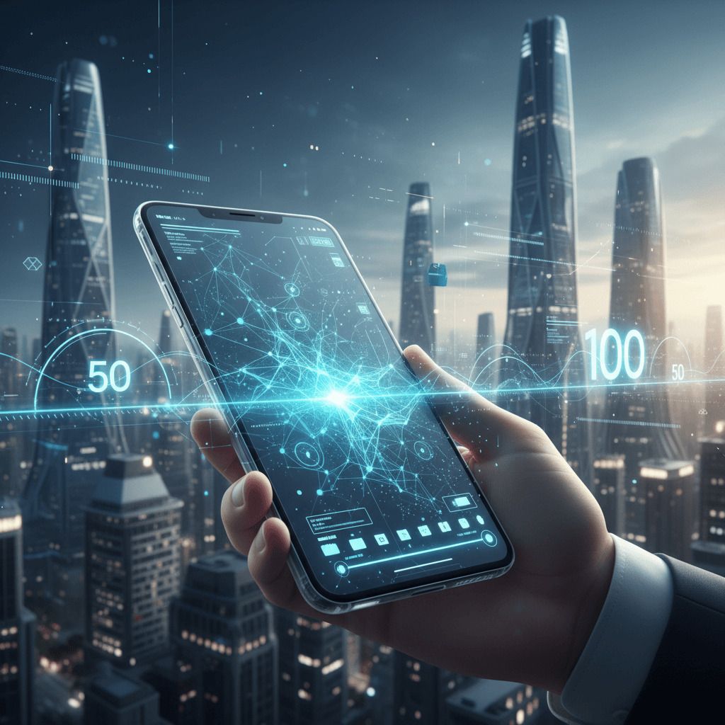 A hand holds a smartphone displaying a glowing AI neural network over a futuristic city skyline with digital overlays.
