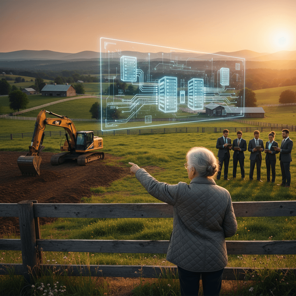 An elderly woman points defiantly at a holographic AI server display over a rural Kentucky field.