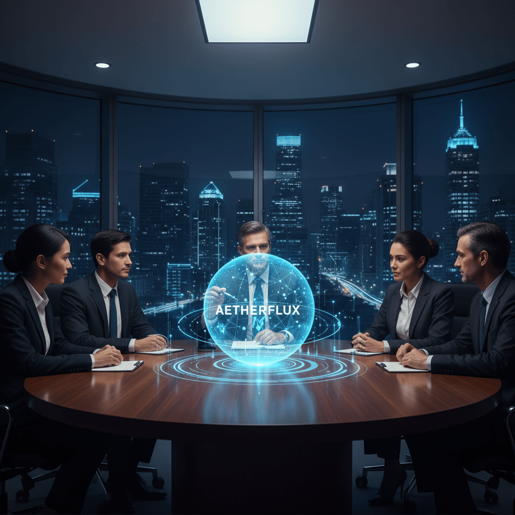 Five business professionals in a modern conference room with a holographic display, overlooking a city skyline at night.