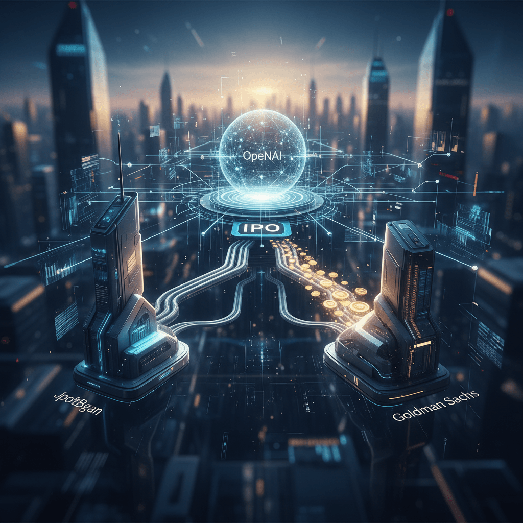 A futuristic cityscape with glowing digital connections flowing from two financial institutions towards an "OpenAI" sphere and "IPO" platform.