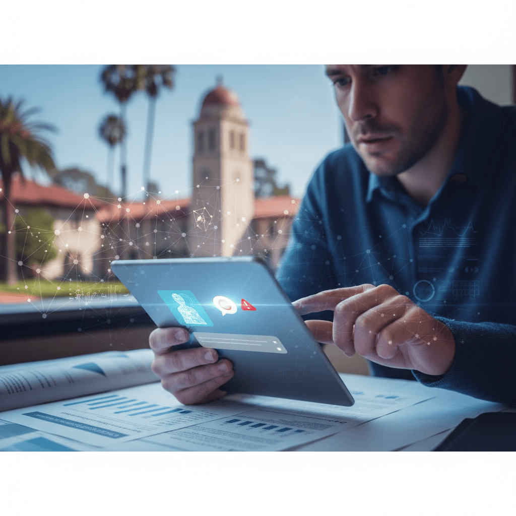 A person interacting with a tablet displaying AI chatbot warnings, with the Stanford University campus in the background.