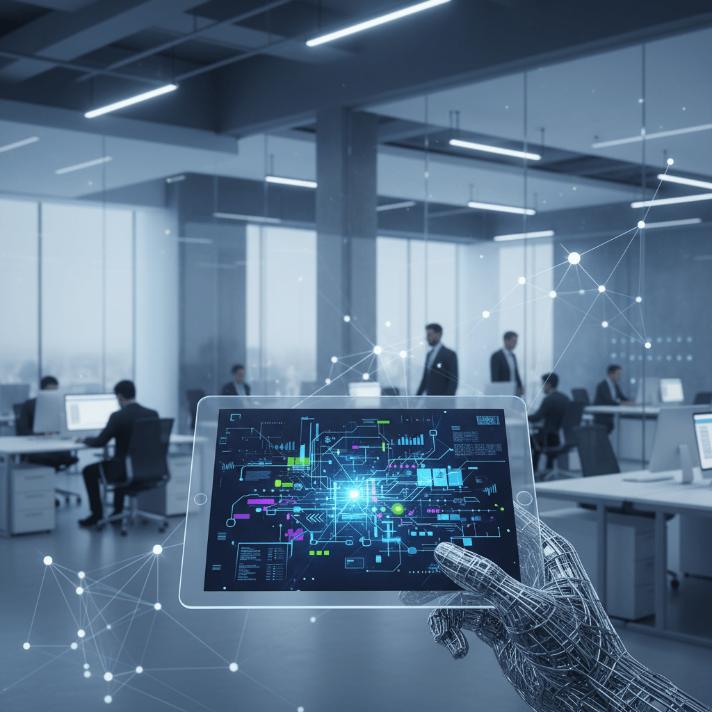 A robotic hand holds a tablet displaying a complex AI interface, with a modern office background.