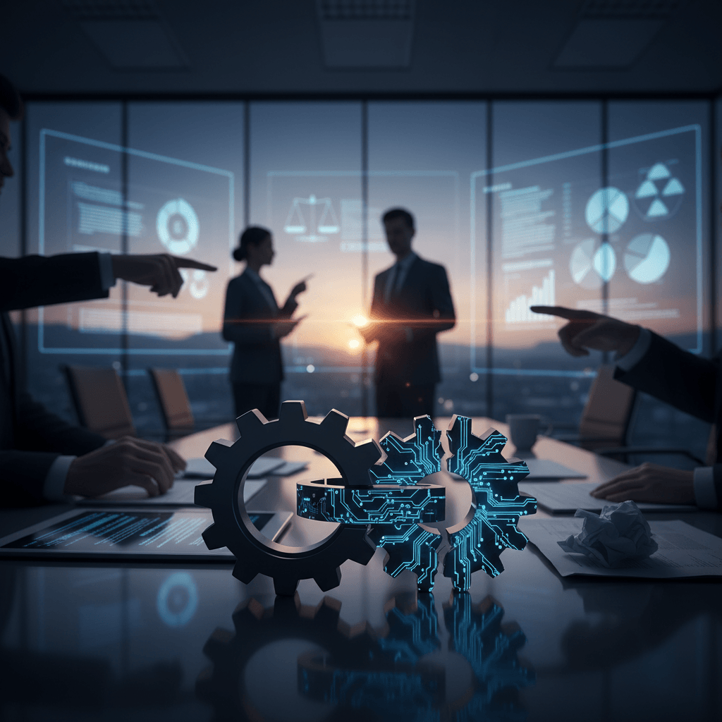 Two distinct gears, one metallic and one glowing with circuit patterns, on a conference table.