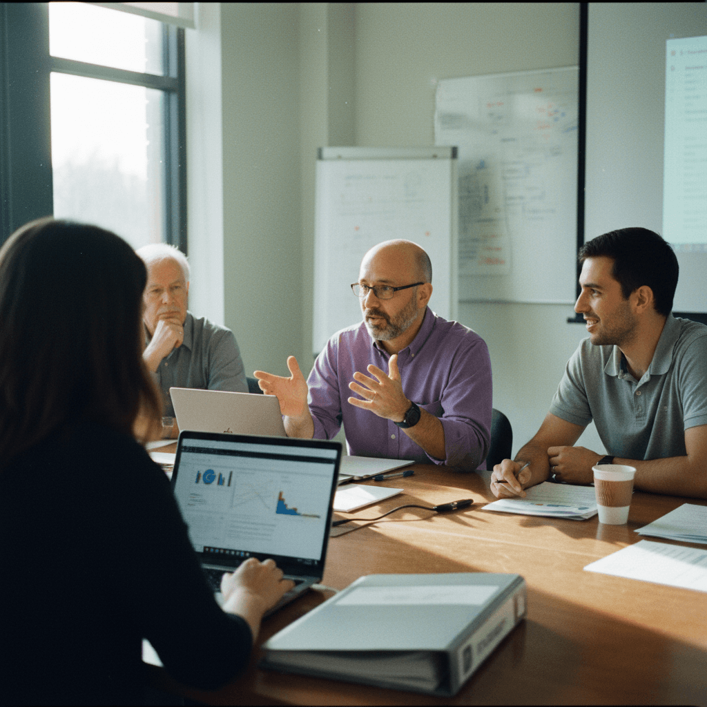 A group of professionals in a meeting room, engaged in discussion about AI and nuclear technology.