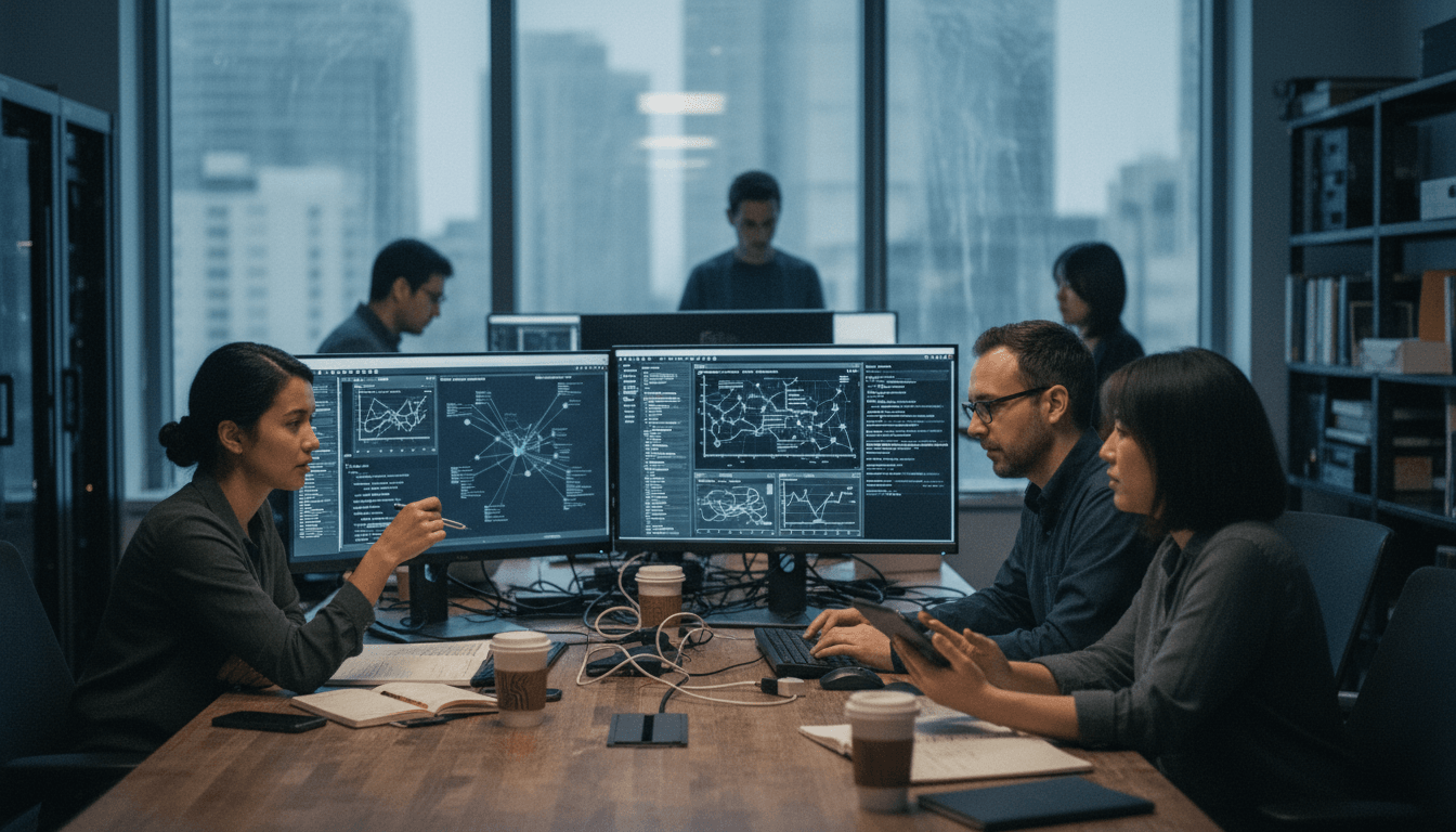 A diverse AI team works in an office, focused on multiple computer screens displaying data and algorithms.