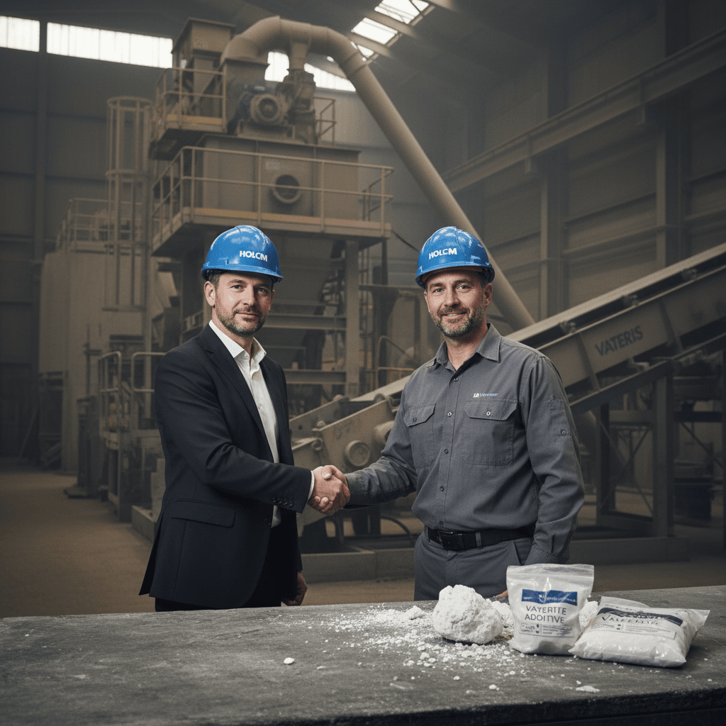 Two men in hard hats shake hands in a factory with machinery in the background, signifying a new business partnership.