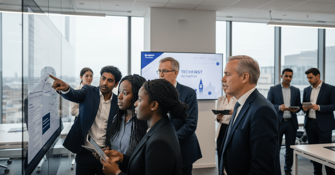 A diverse group of professionals in suits gathered around a large digital screen in a modern office setting.