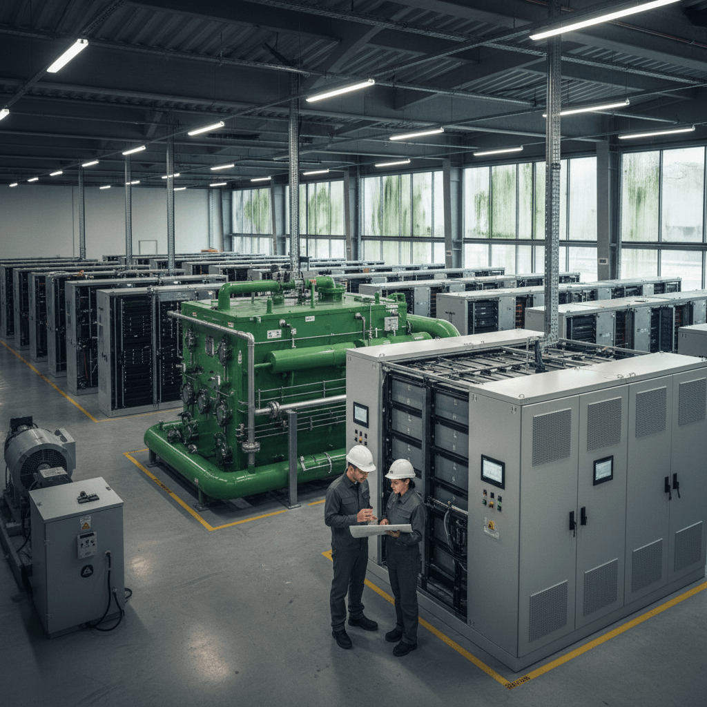 Two engineers in hard hats and work suits review plans amidst rows of data center equipment and large green machinery.