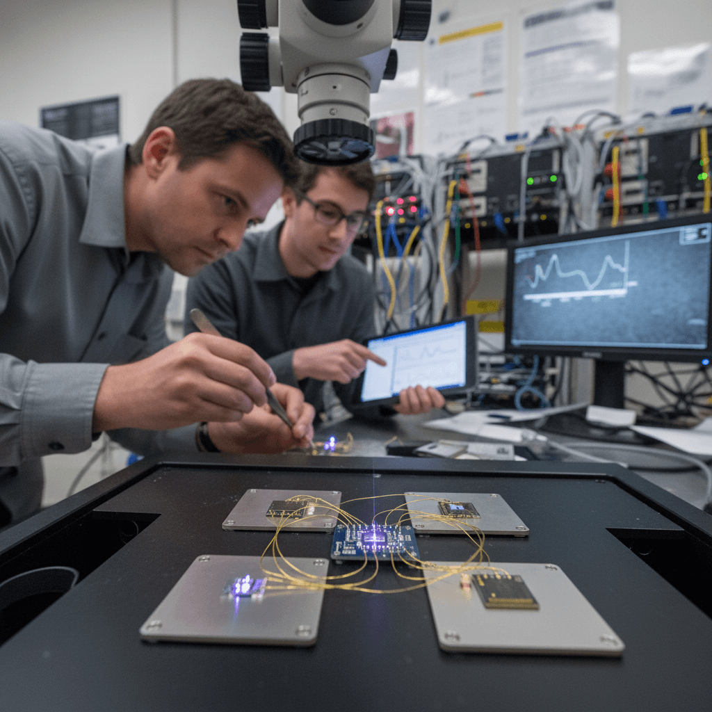 Two scientists in a lab, one adjusting a chip with tweezers, the other reviewing data on a tablet.