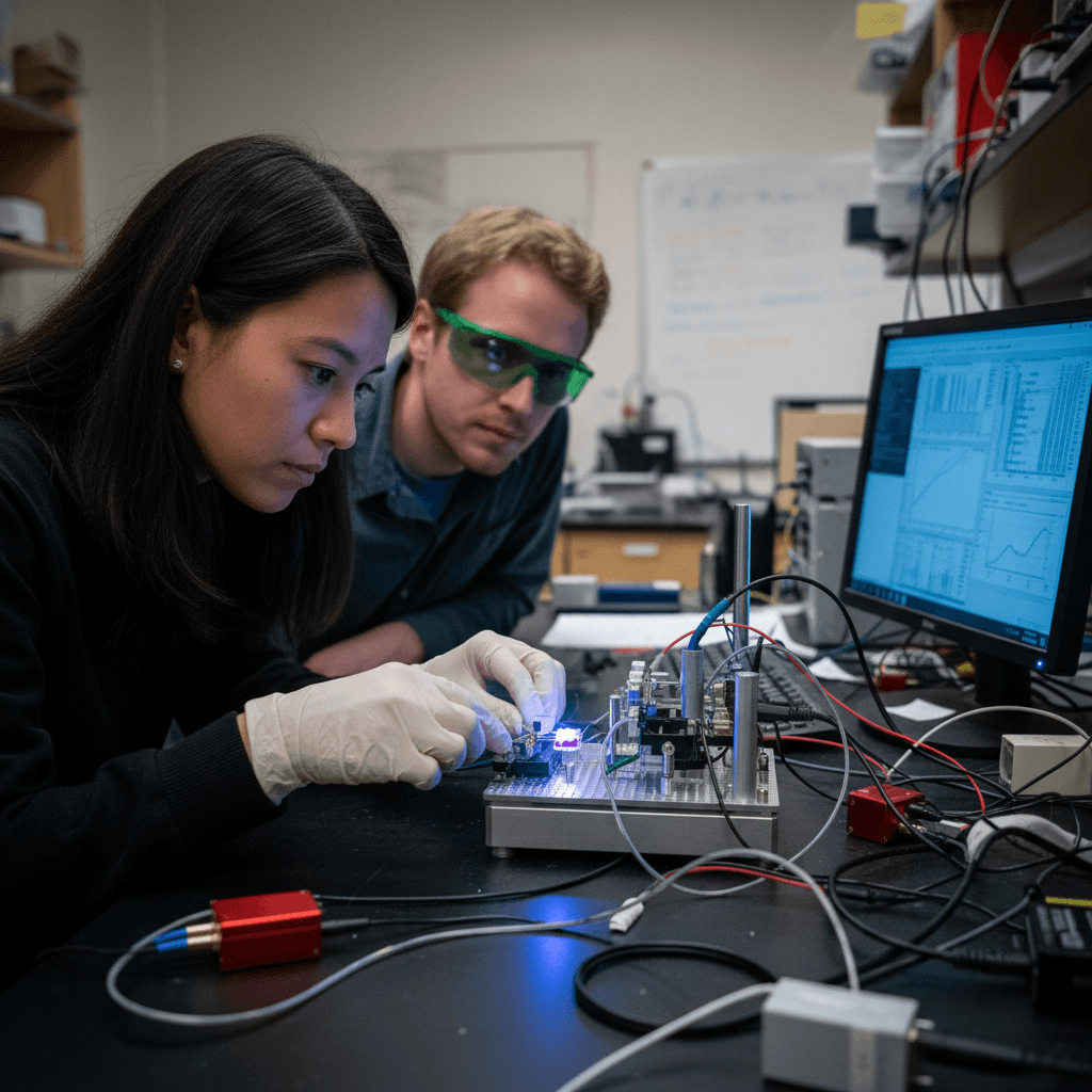 Two researchers, one wearing green safety glasses, intently examine and adjust a small, glowing photonic chip on a lab bench.
