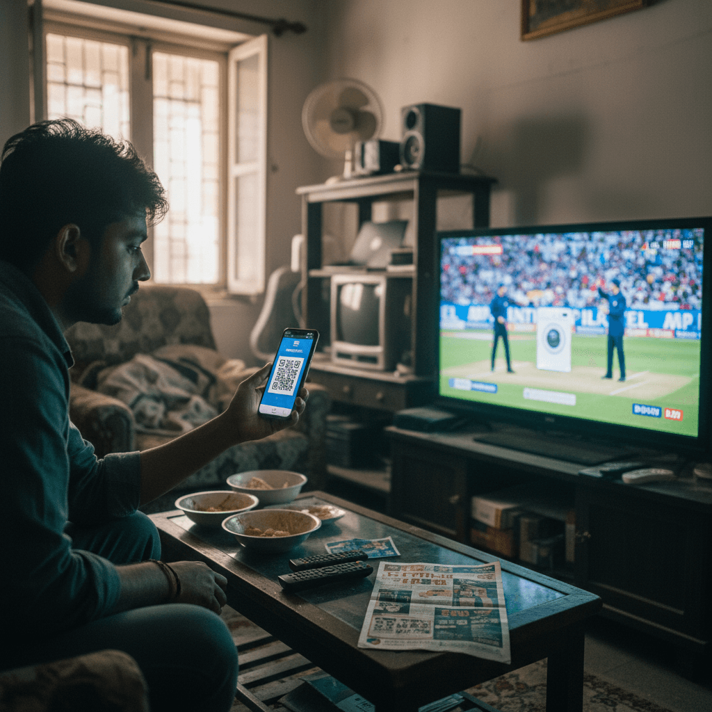 A man sits on a couch, holding a smartphone with a QR code displayed, watching a cricket match on a television.