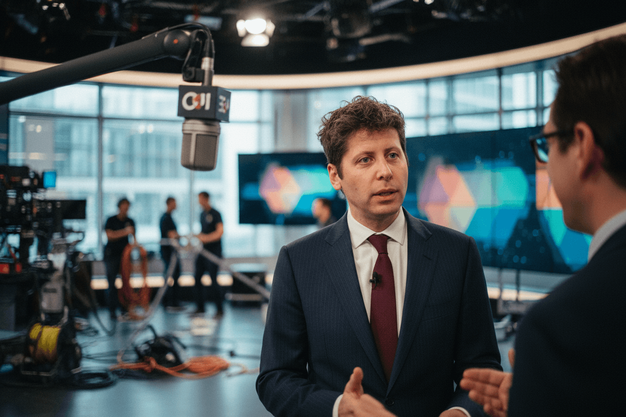 A man in a suit speaks during an interview on a television set, with crew and equipment visible in the background.