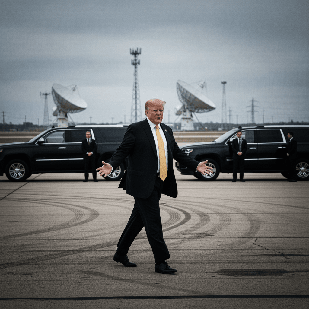 Donald Trump, in a suit, walks with outstretched hands from a black SUV, with satellite dishes and security in the background.