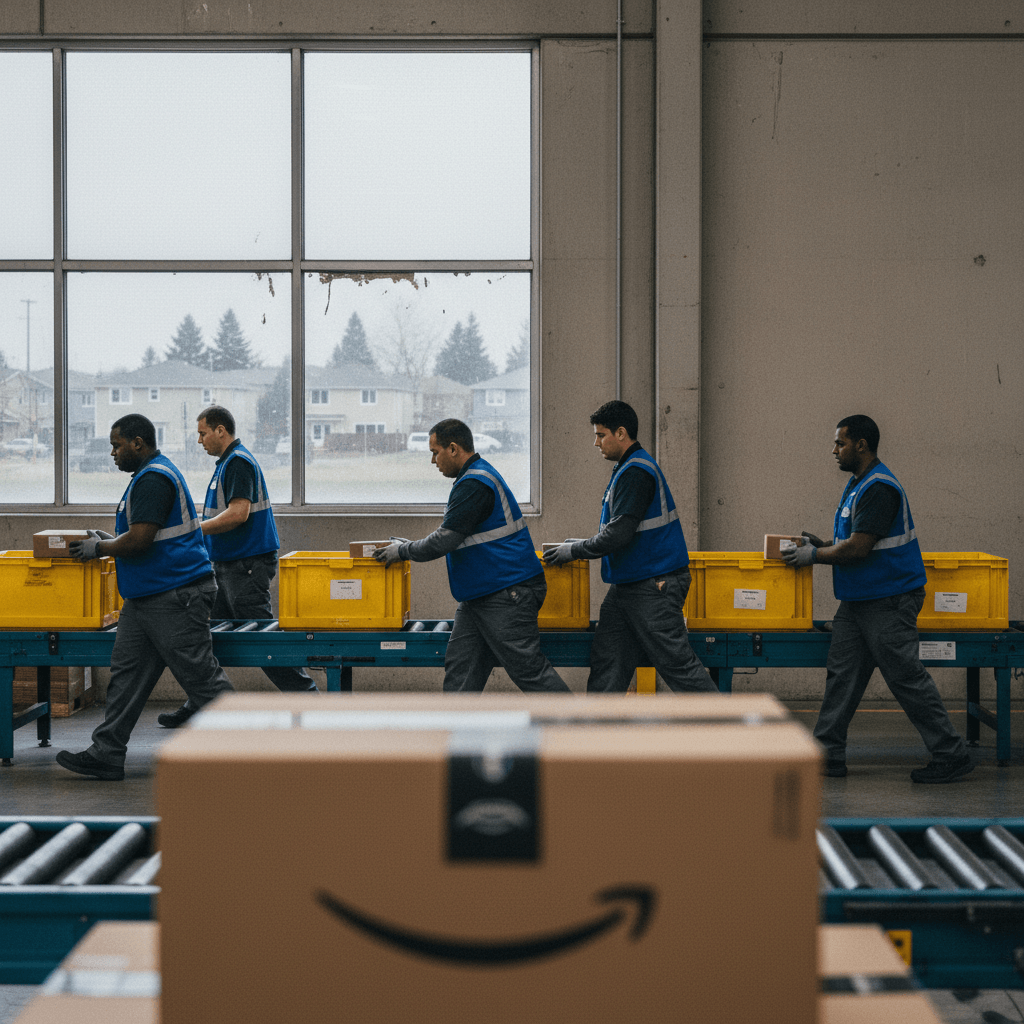 Five Amazon warehouse workers in blue vests and grey pants move yellow bins along a conveyor belt, with a large window in the background.