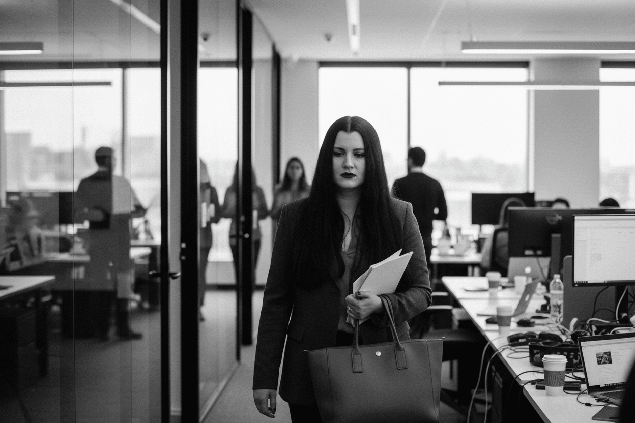A woman with long dark hair, Fidji Simo, walks through a busy, modern office holding papers and a bag.