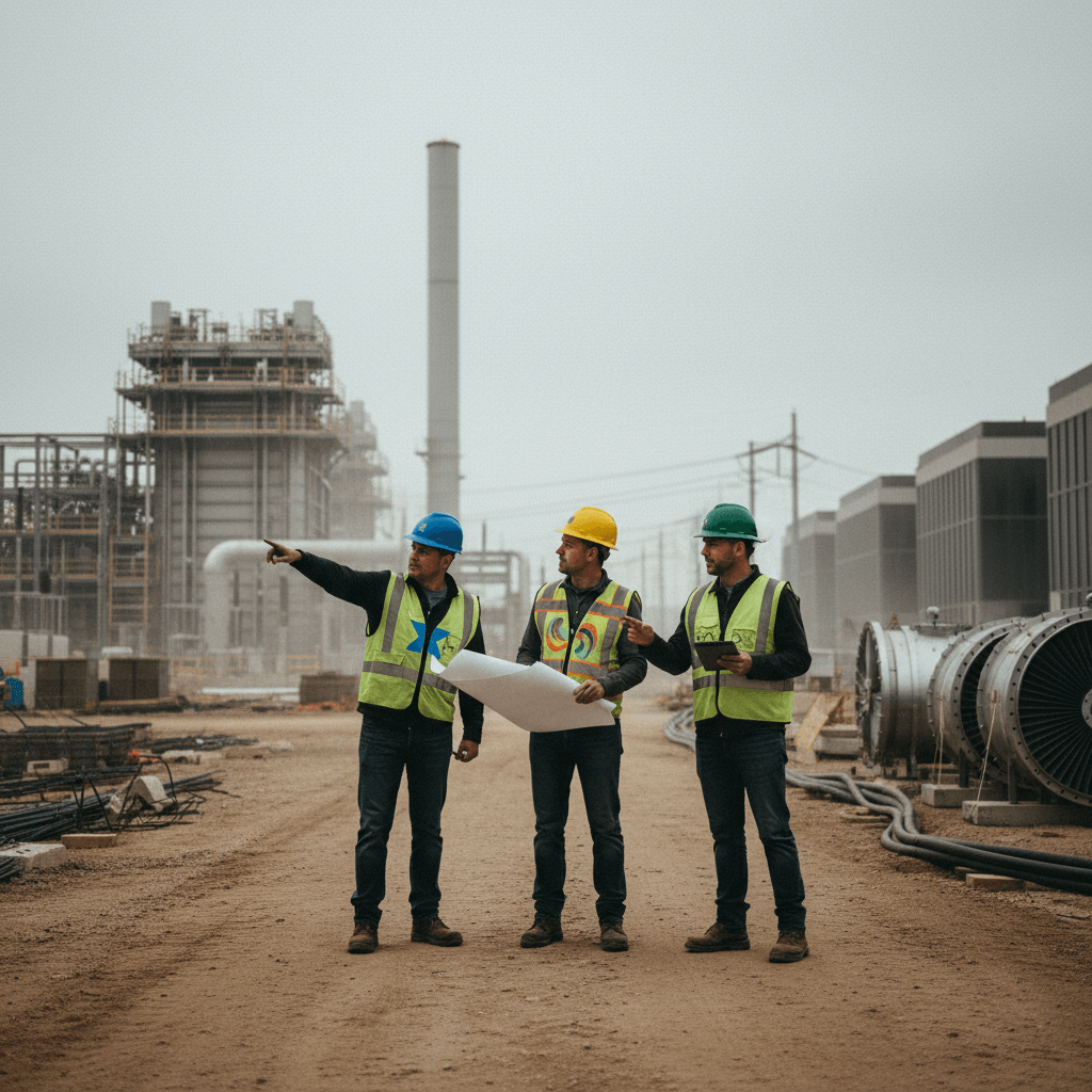 Three engineers in hard hats and safety vests discuss plans at a natural gas plant construction site.
