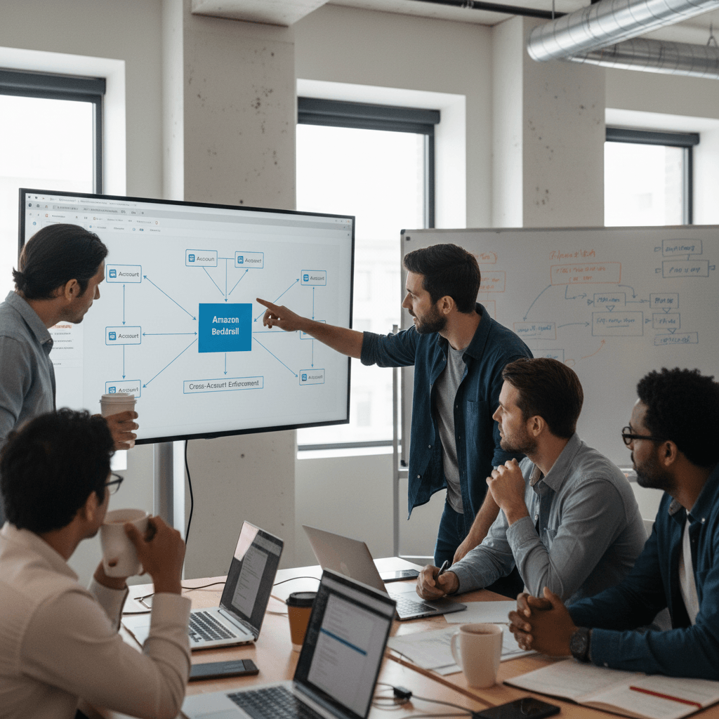A diverse group of five professionals gathers around a table, engaged in a discussion while looking at a large screen displaying a flowchart.