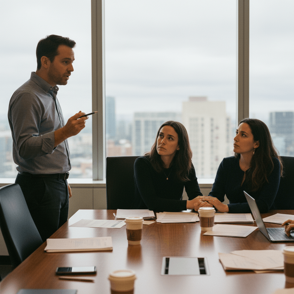 Brad Lightcap, in a collared shirt, stands and gestures with a pen during a meeting. Two women listen intently across a conference table.