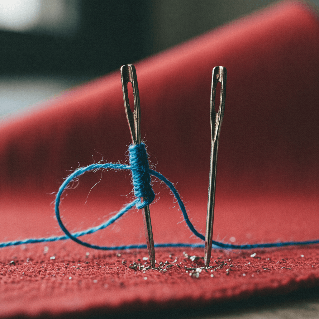 Two metal sewing needles stand upright on a textured red surface. One needle is entangled with a loop of blue thread.