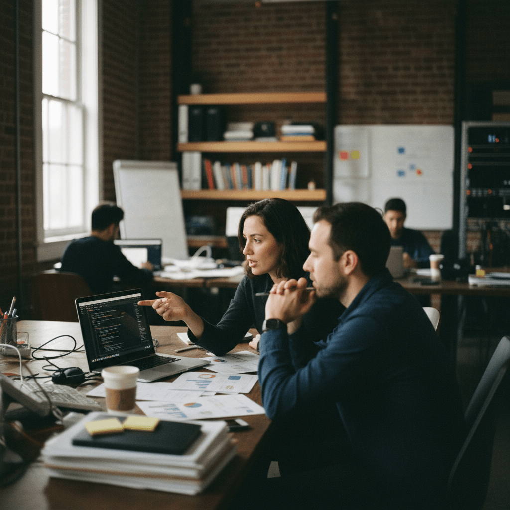 A candid shot of two colleagues, one pointing at a laptop screen displaying code, amidst office clutter and other workers.