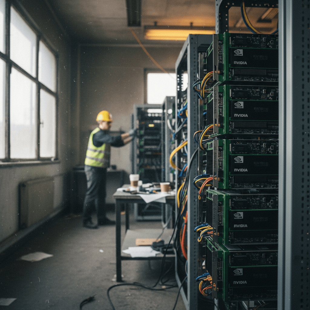 A candid, gritty photo of a technician in a yellow hard hat and vest working on server racks filled with Nvidia components.