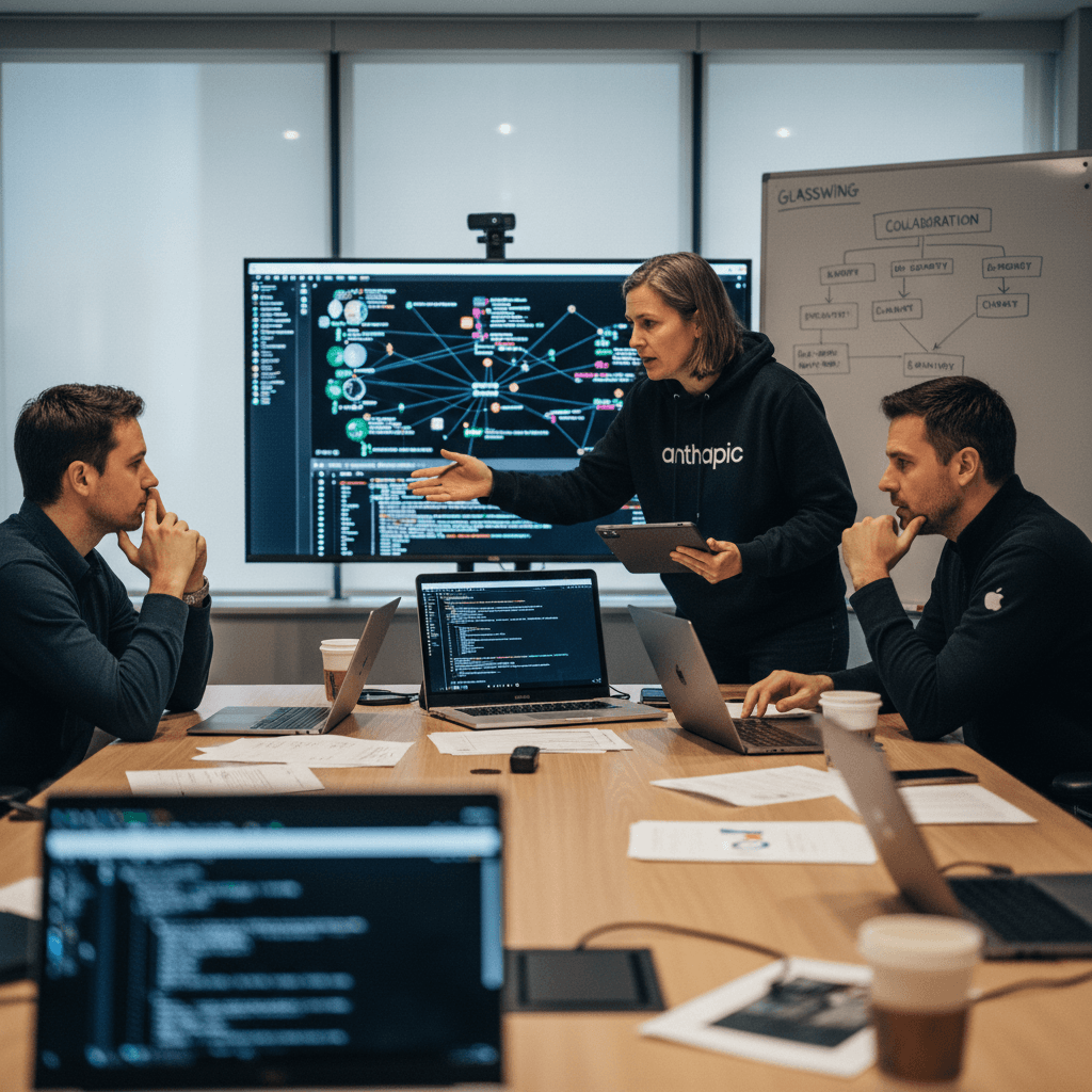 A group of diverse tech professionals in a modern office discussing cybersecurity in front of a large screen.