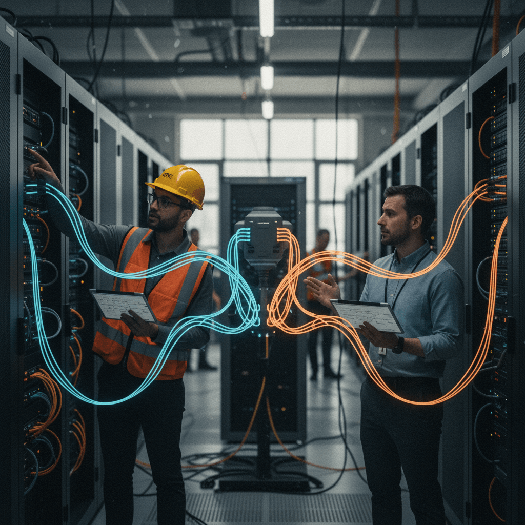 A candid shot of two male engineers, one in a hard hat, examining server racks in a bustling data center.