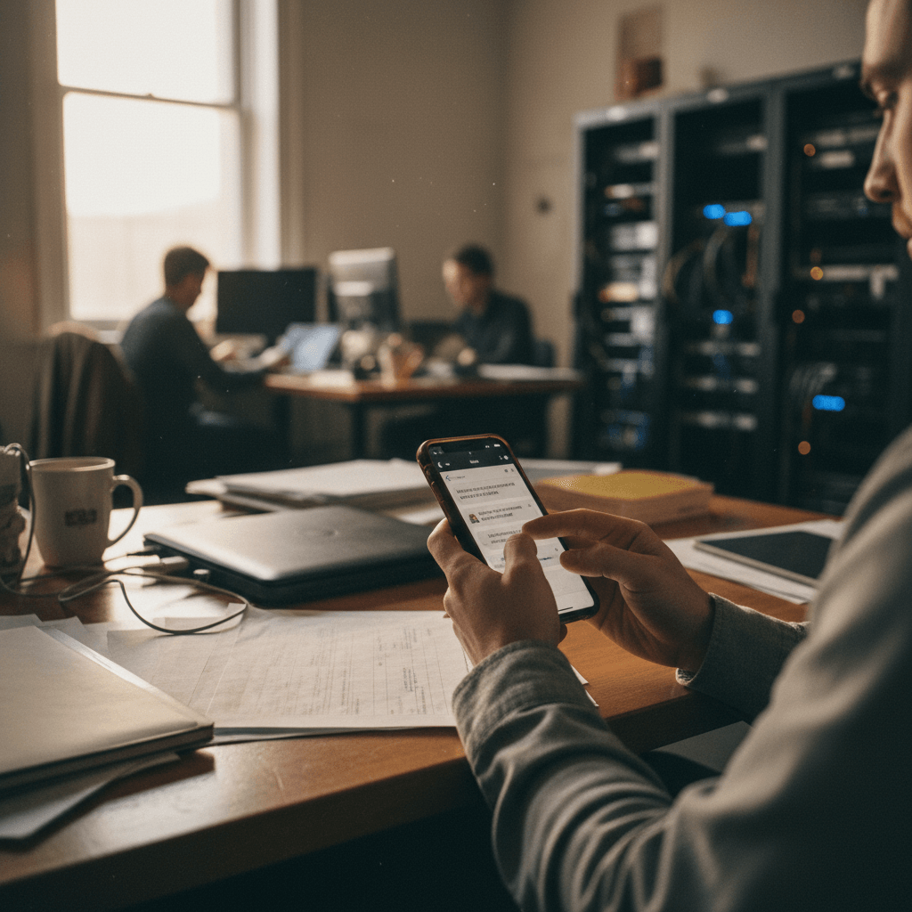 A man's hands hold a smartphone, displaying a text-based AI interface, as he sits at a cluttered desk in an office.