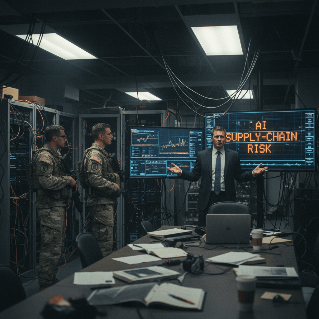 A man in a suit gestures before two soldiers and screens displaying "AI Supply-Chain Risk" in a dimly lit server room.