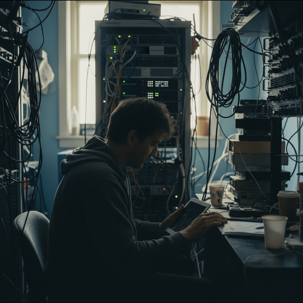 A man in a hoodie is engrossed in a tablet, seated at a cluttered desk surrounded by server racks and cables.