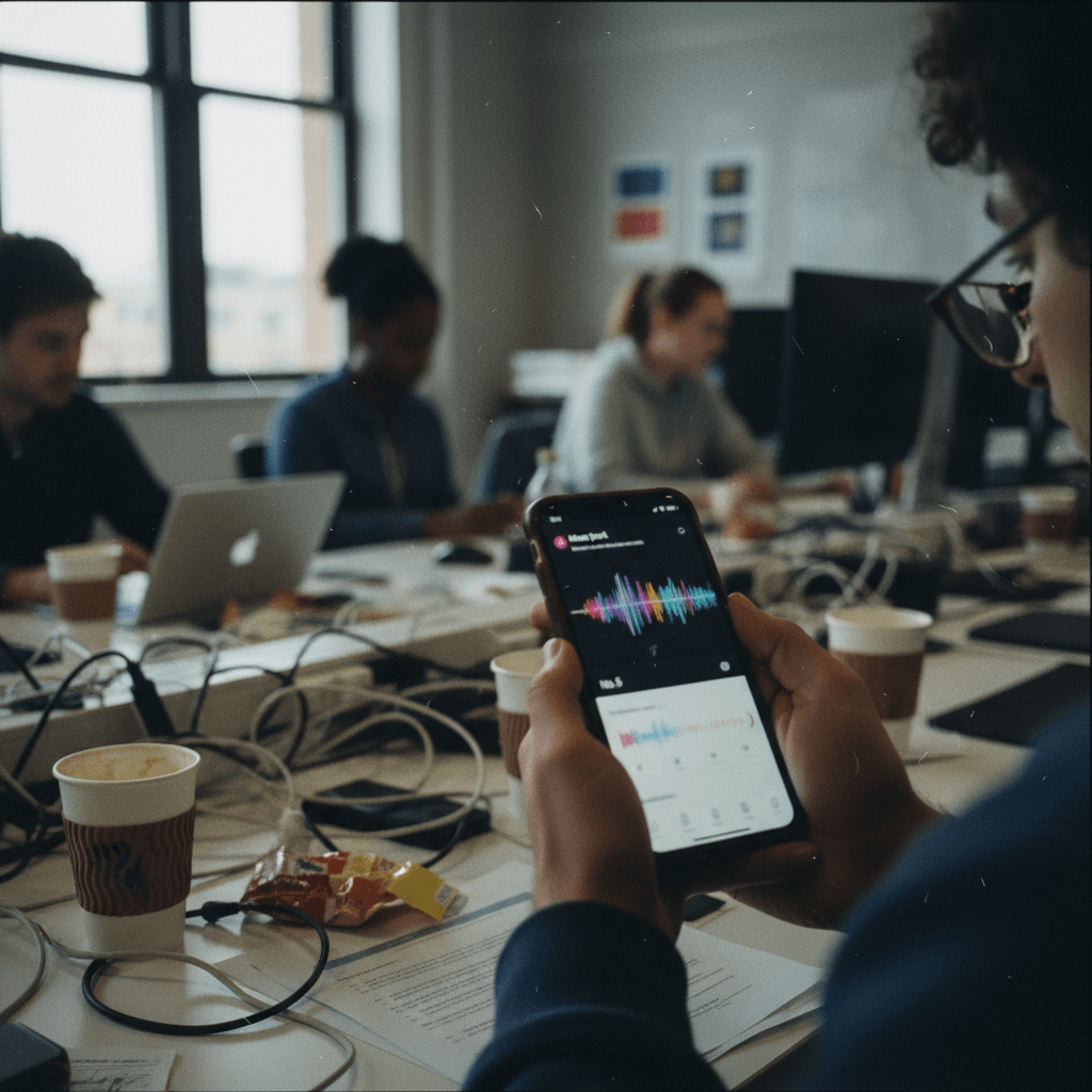 Candid shot of a person holding a smartphone displaying the Meta AI app in an active office environment.
