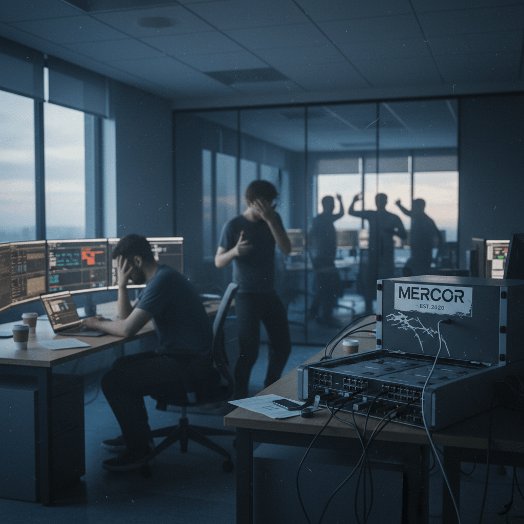 A man sits slumped at a desk in a dimly lit office, looking distressed at his computer screen.