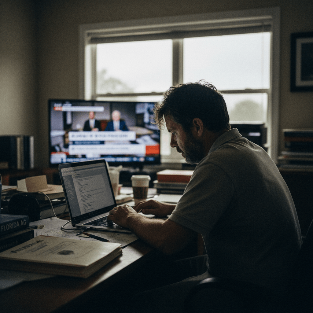 A man with short hair and a beard sits at a wooden desk, typing on a silver laptop. A TV shows a news report.