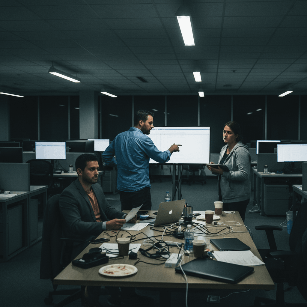 Three colleagues huddle around a table in a dimly lit, cluttered office, discussing a screen display.