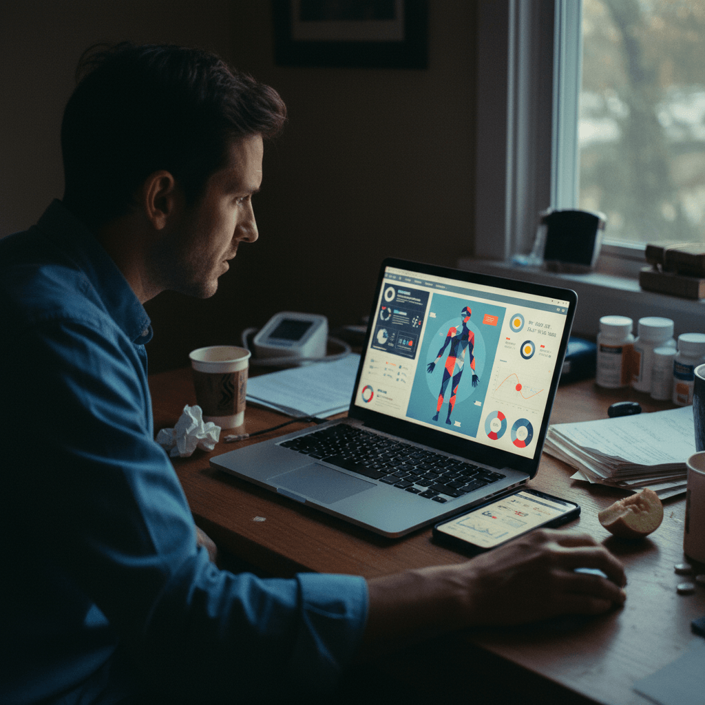 A man sits at a desk, intently looking at a laptop displaying colorful health data and anatomical charts.