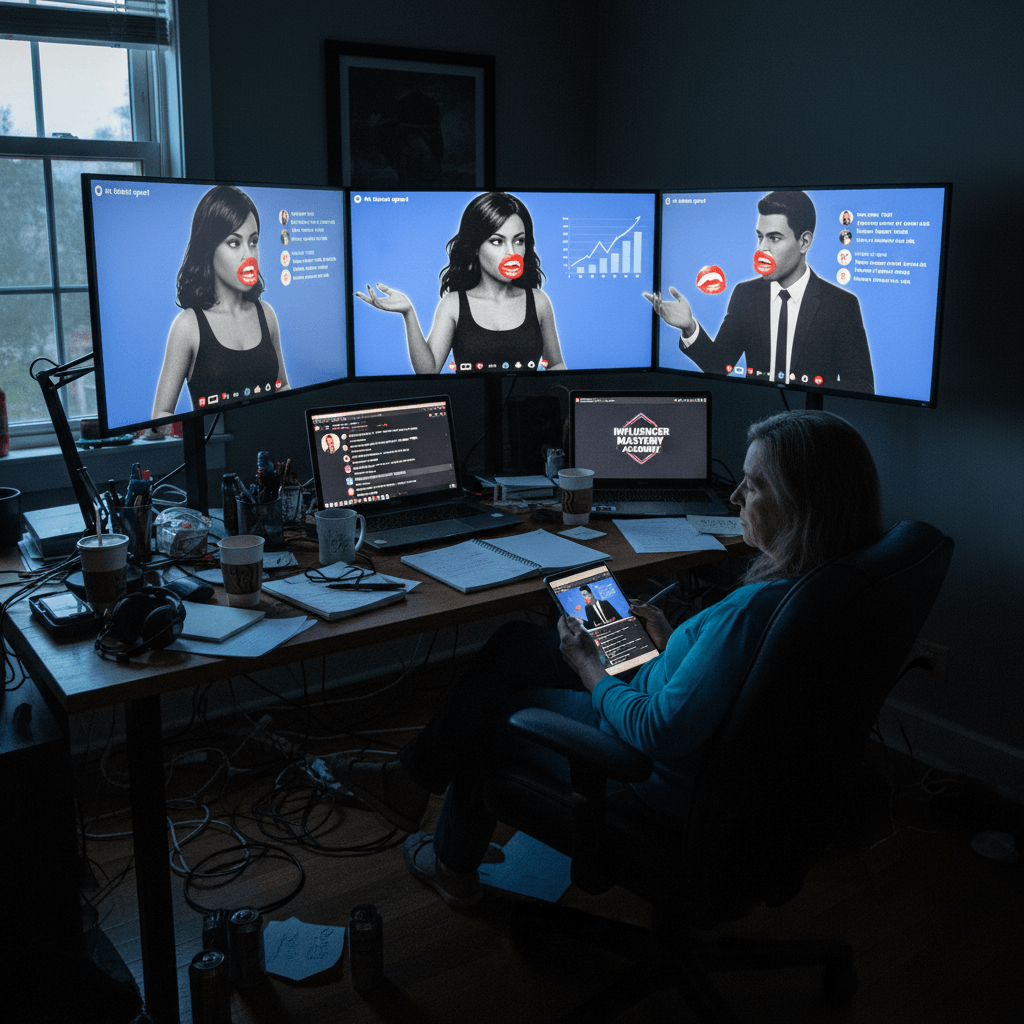 A woman in a dimly lit room watches three monitors displaying AI podcasters, while holding a tablet.