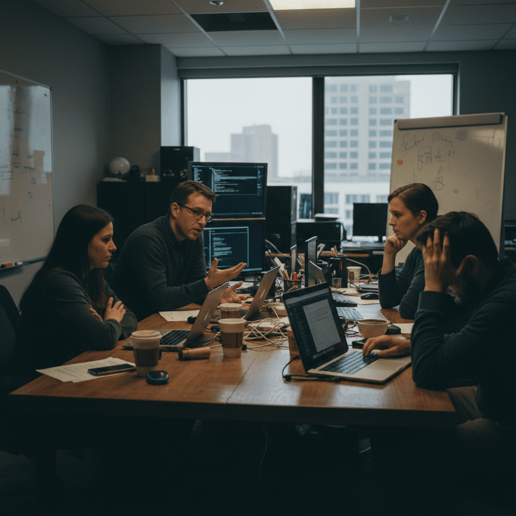 Four software developers, two men and two women, sit around a cluttered conference table in a modern office.