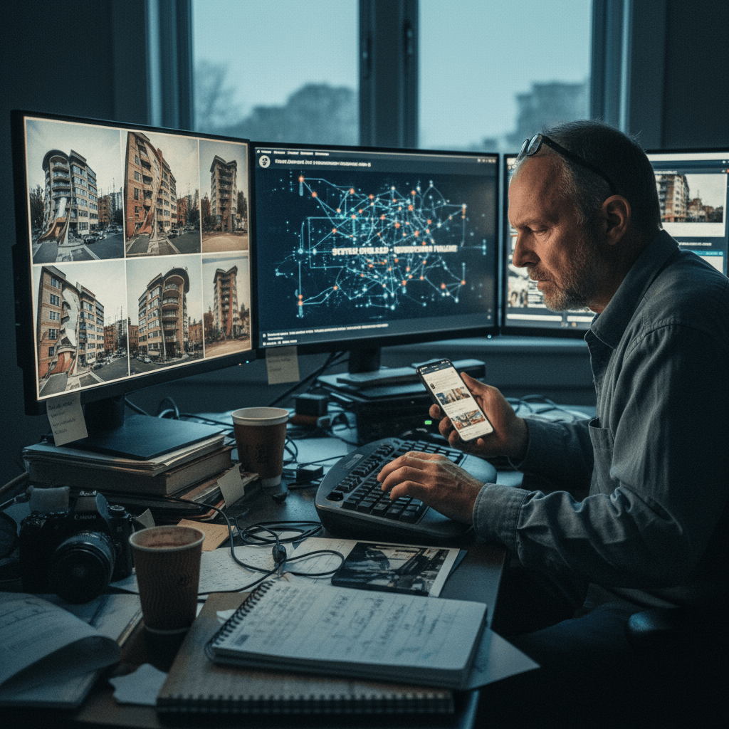 A man with glasses on his head, focused on a smartphone and keyboard, surrounded by multiple computer monitors.