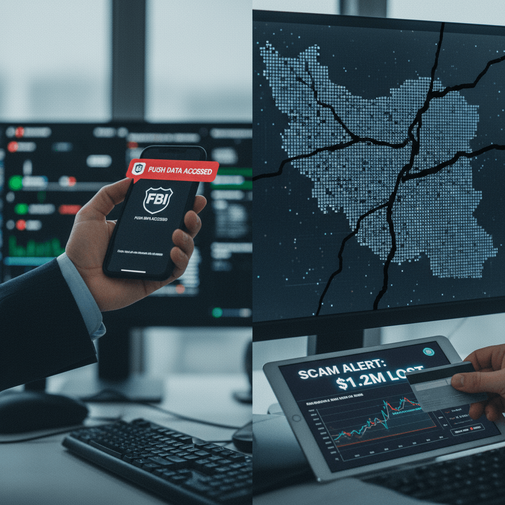 A split image showing digital security concerns: FBI access to phone data, Iran's internet blackout, and cryptocurrency scams.